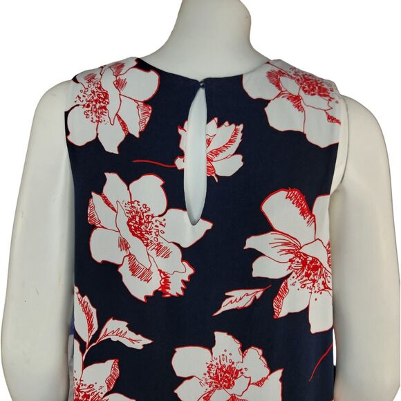 Dressbarn Navy Floral Striped Sleeveless Asymmetrical Hem Dress Womens 10 Midi - Picture 2 of 12